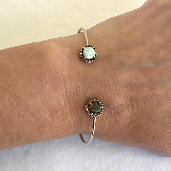 Gold Vermeil Sterling Silver Dainty Black White Opal Diamond Cuff Bracelet 6.25" - Picture 1 of 16